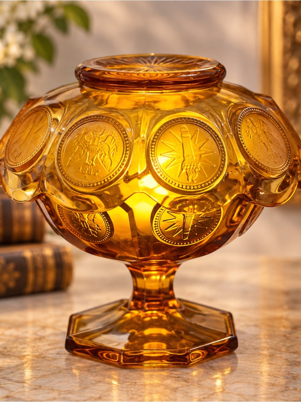 Vintage Fostoria Amber Coin Glass Compote & Nappy Styled Fairy Lamp